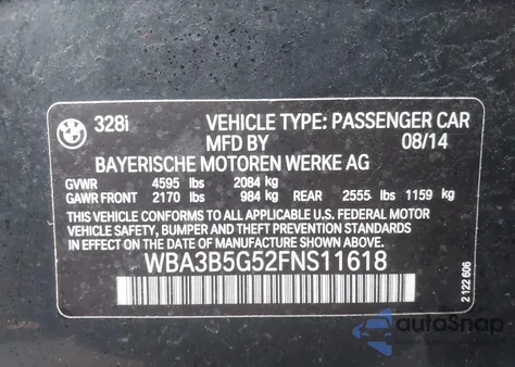 2015 BMW 328I xDrive z USA, uszkodzony, nr VIN WBA3B5G52FNS11618